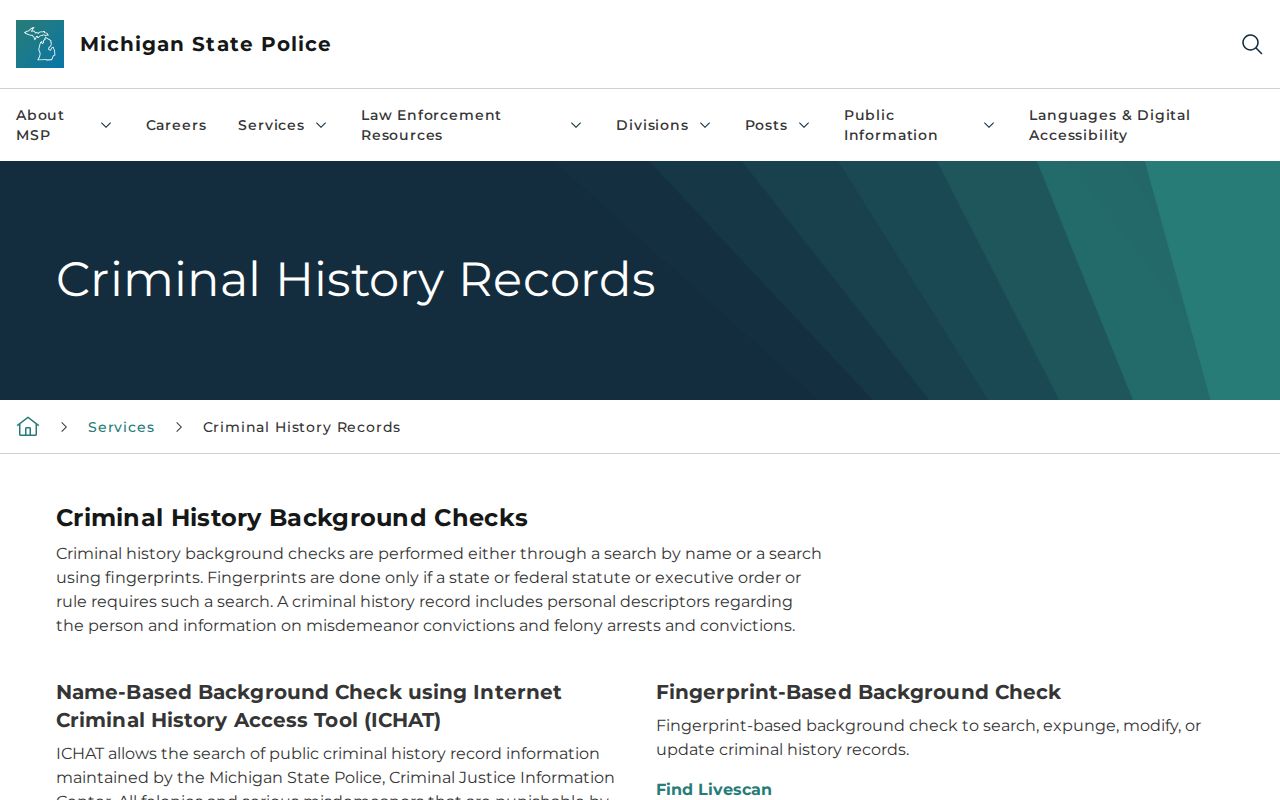Cass County criminal history channels on the Michigan State Police website